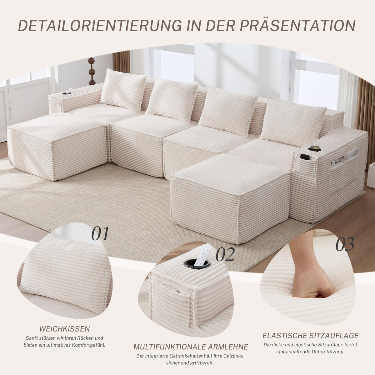 WOHNLANDSCHAFT 330/162/75 cm Beige mit 2 Fußhocker, Getränkehalter und Seitentaschen - Beige, Textil (330/75/162cm) - Oxeza