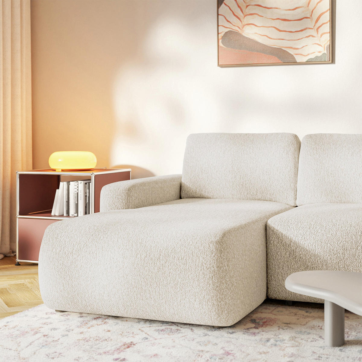 ECKSOFA Carnos Mini Hellbeige Chenille - Ecru/Schwarz, Kunststoff/Textil (238/164cm) - Selsey