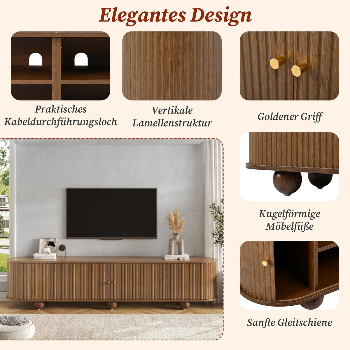 TV-LOWBOARD Rund Rillenoptik Schiebetüren Retro Kugelfüße - Walnussfarben, Holzwerkstoff (180/45/35cm) - FLIEKS