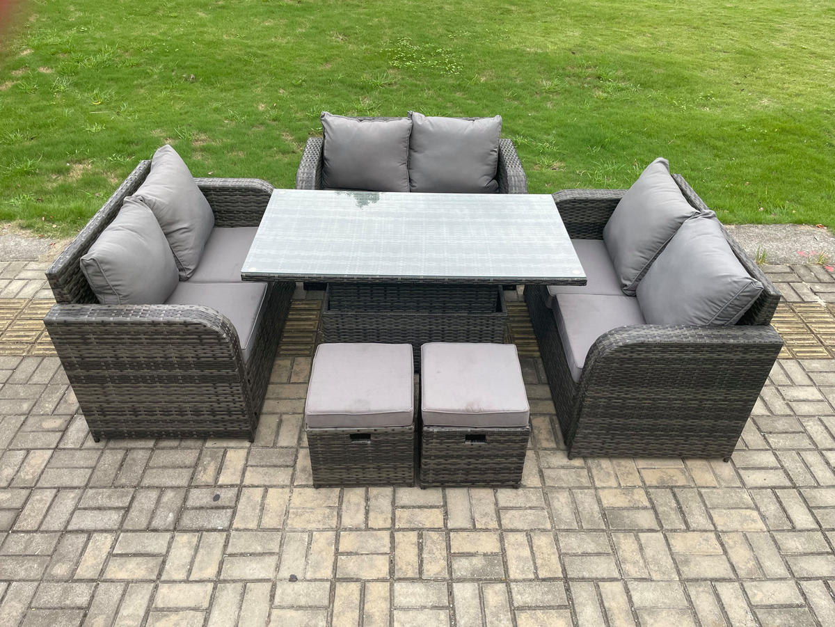 GARTENSOFA SET Polyrattan Dunkelgrau 8-Sitzer - Dunkelgrau, Metall - Fimous