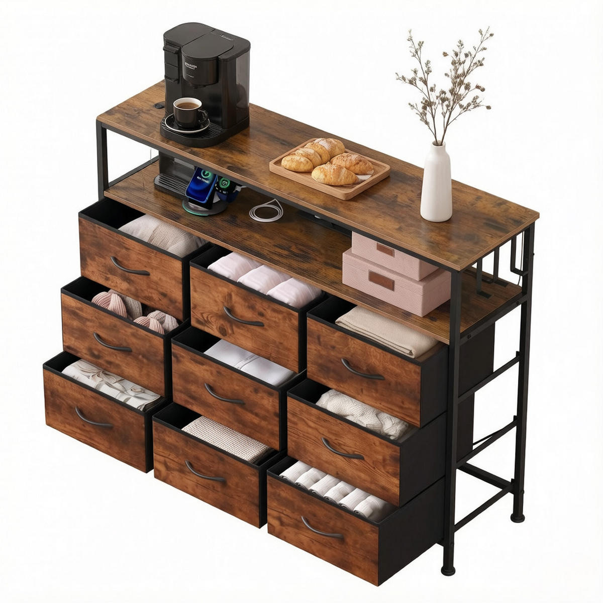 KOMMODE DE-38085 110/30/85 cm mit 9 Schubladen und LED-Beleuchtung Rustikal-Braun/Schwarz - Braun, Holzwerkstoff (110/85/30cm) - ComfortXL