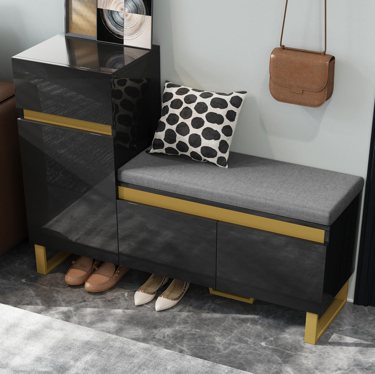 SCHUHSCHRANK 120/35/85 cm in Schwarz mit Sitzkissen und Schublade - Schwarz, Holzwerkstoff (120/85/35cm) - Flora Grace