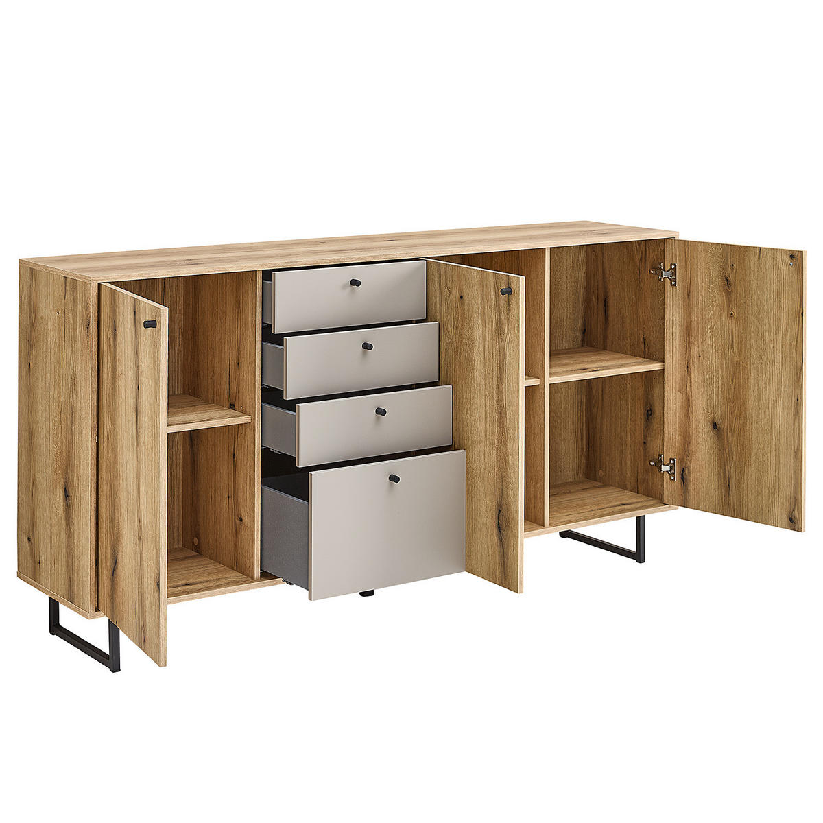 SIDEBOARD - Eiche Evoke Dekor / Hellgrau - Eichefarben/Schwarz, Holzwerkstoff/Kunststoff (183/83/40cm) - home24