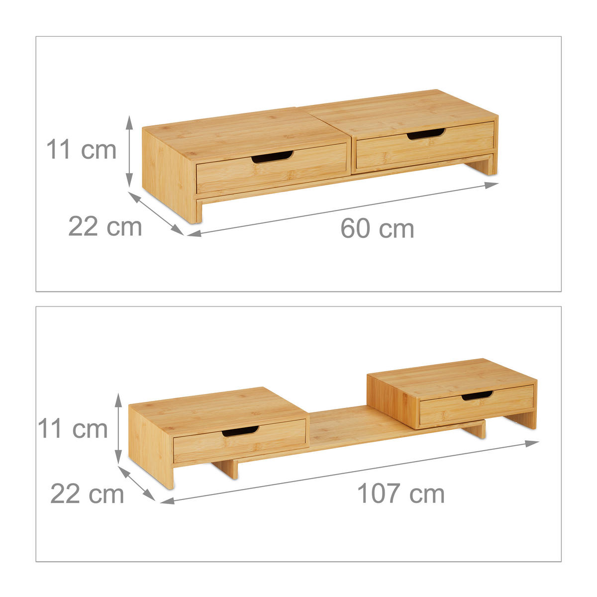 MONITORSTÄNDER Natur Bambus ausziehbar für 2 Monitore - Hellbraun, Holz/Holzwerkstoff (22/107/11cm) - Relaxdays