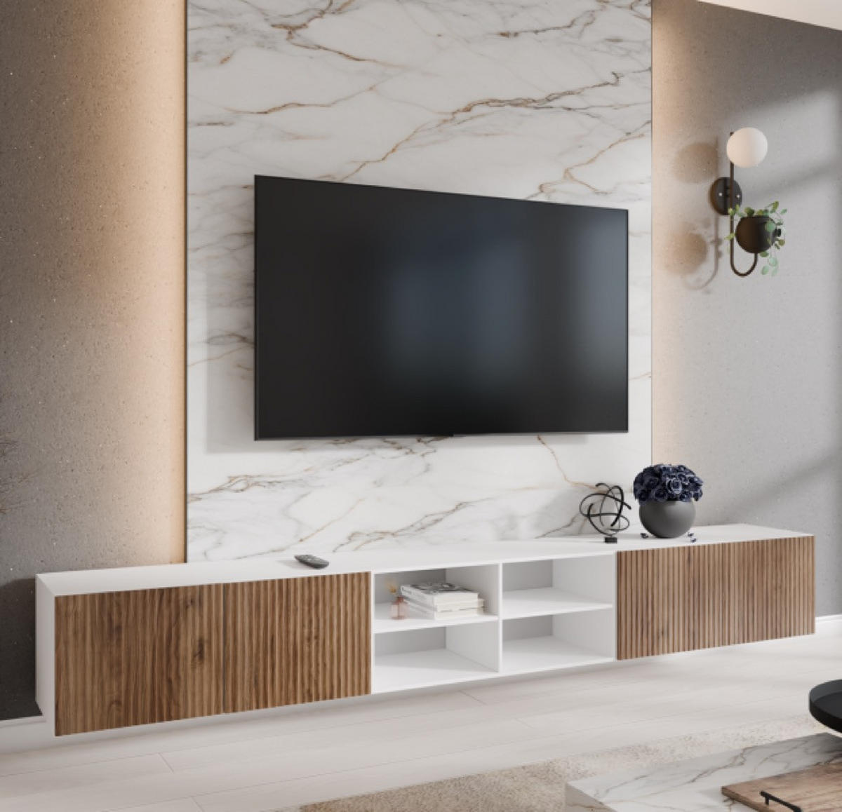 TV-SCHRANK Weiß Katania Noeli 300 Offene Regale Riffelung - Weiß/Braun, Holzwerkstoff (300/41/40cm) - Sepro Meble