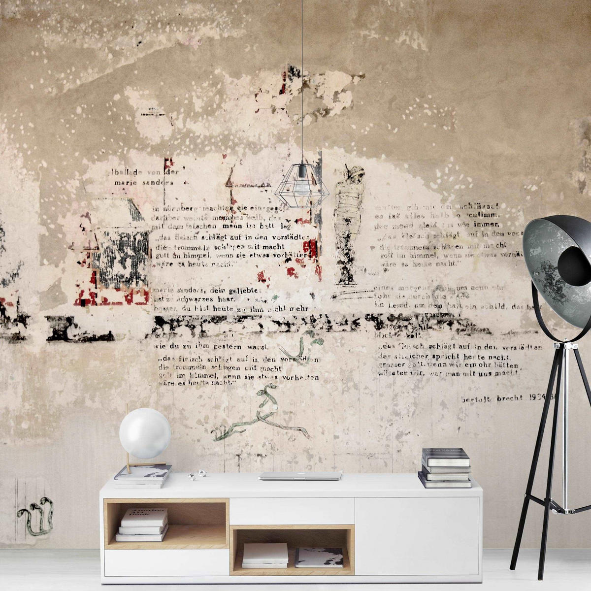 FOTOTAPETE Alte Betonwand mit Bertolt Brecht Versen 240/240 cm - Eichefarben, Papier (240/240cm) - Bilderwelten