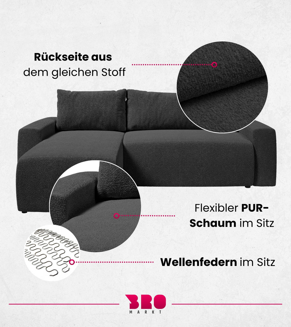 ECKSOFA PLUSH mit Schlaffunktion Anthrazit Boucle - Anthrazit, Textil (240/145cm) - Bromarkt