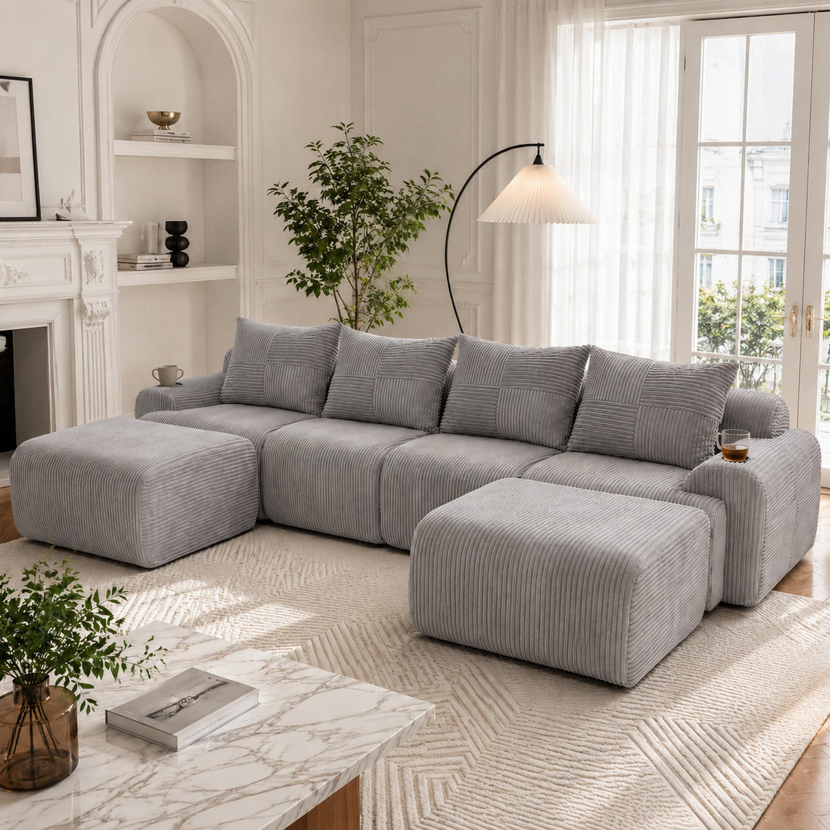 ECKSOFA mit frei kombinierbaren Modulen, Hockern und Getränkehalter sowie Cordbezug und Tasche in Hellgrau - Hellgrau, Textil (333/174cm) - EVRYAE