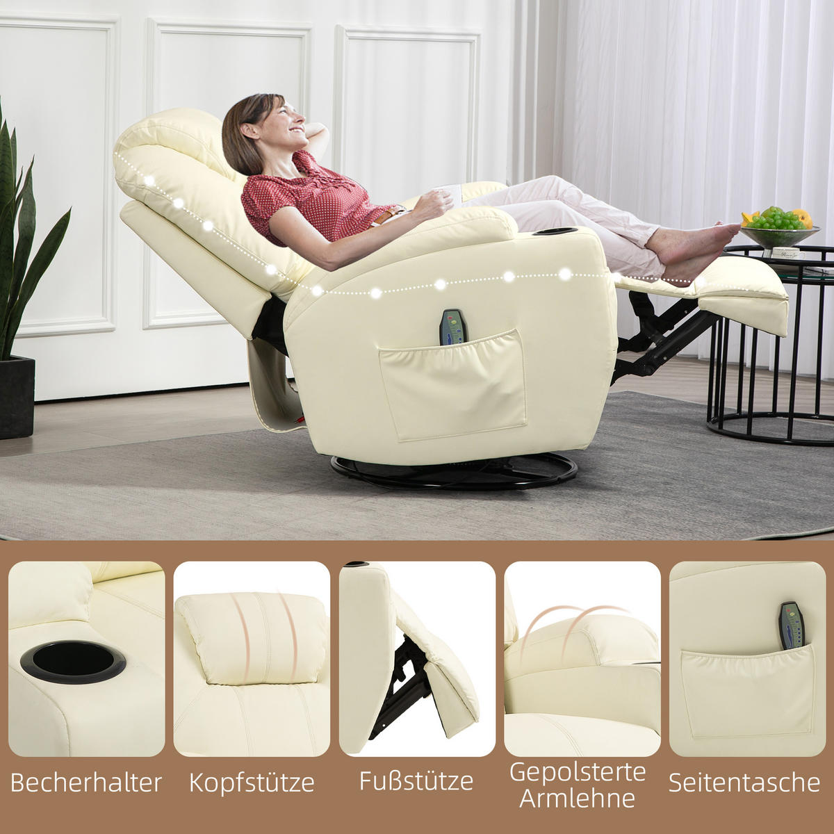 RELAXSESSEL mit Massagefunktion, Elektrisch Fernsehsessel mit Liegefunktion - Creme/Schwarz, Leder/Kunststoff (99/106/89cm) - HOMCOM