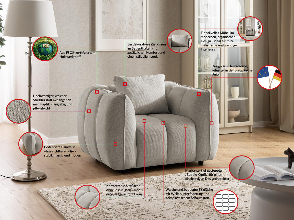 KRESLO Nubira v hlboko prešívanom dizajne Bubble z mäkkej štruktúrovanej látky v taupe farbe s moderným vzhľadom - čierna/taupe, drevo/textil (115/69/89cm) - S-Style