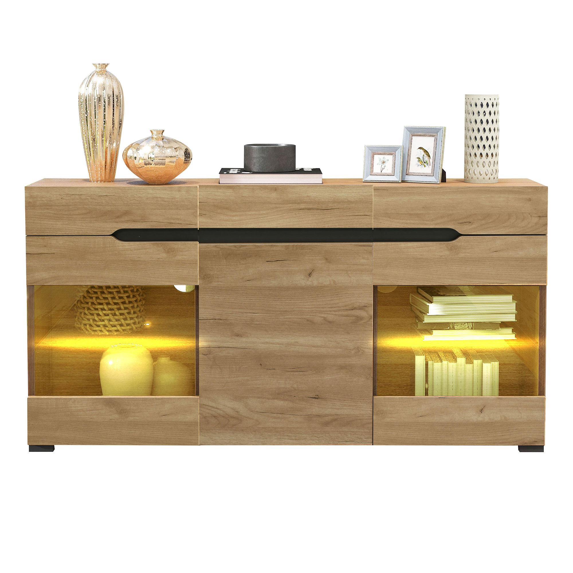 SIDEBOARD Eiche-Optik, mit LED-Beleuchtung, 3 Schubladen, Türen und Glasfächern, 140/35/80 cm - Eichefarben, Holzwerkstoff (140/80/35cm) - WISHDOR