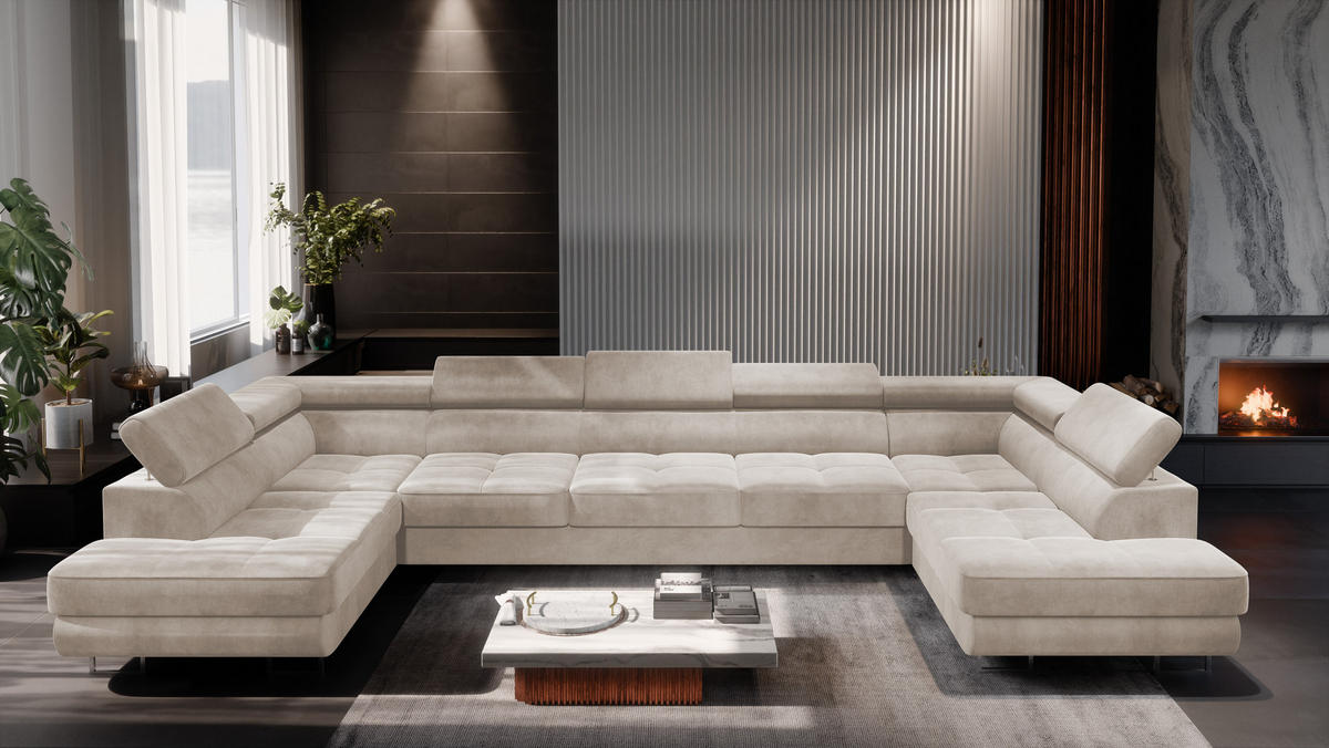 ECKSOFA U-Form WILD MAXI U2 mit Schlaffunktion 125x329 Velours Beige - Chromfarben/Beige, Holz/Textil (400/90/203cm) - Muffo