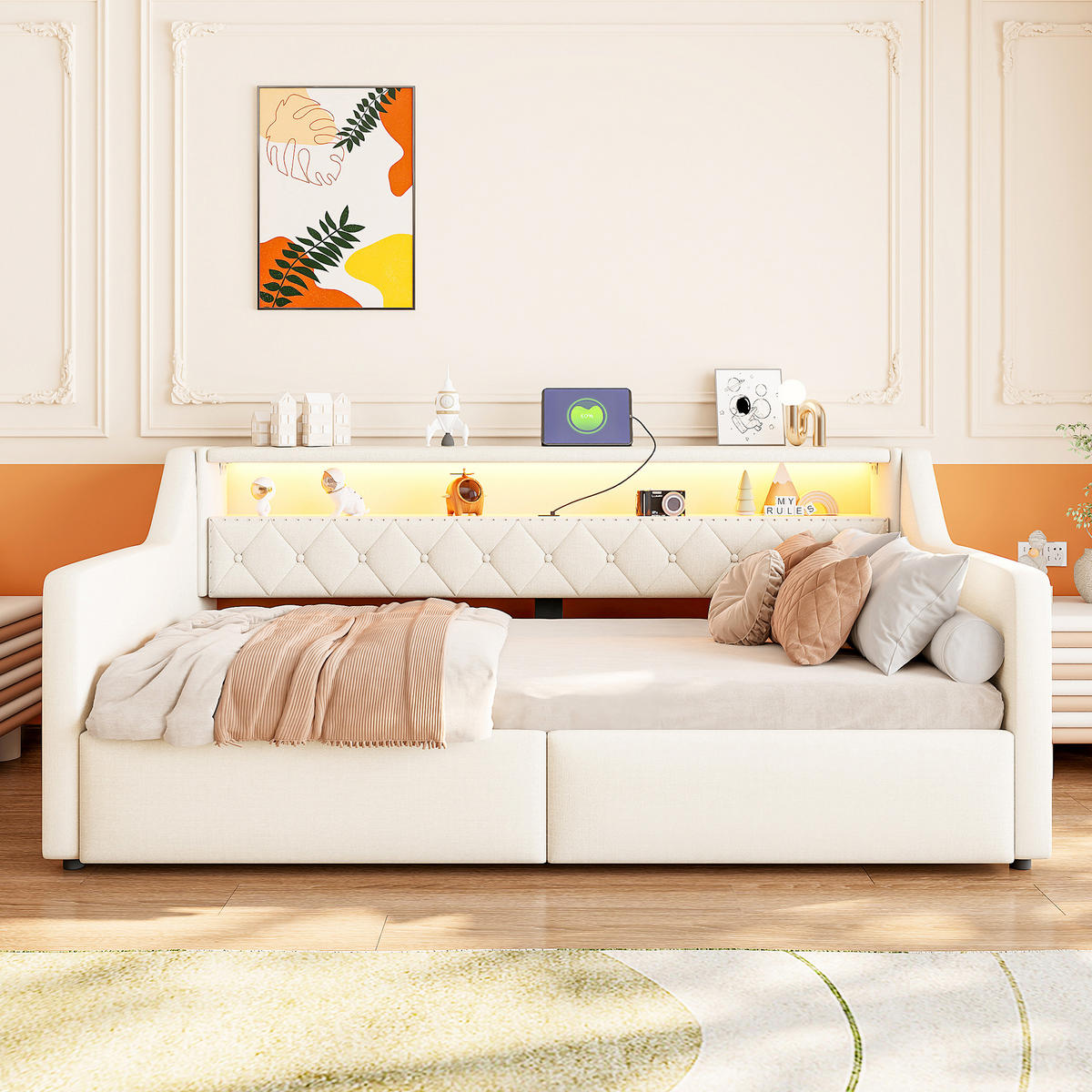 TAGESBETT 90/200 cm mit LED und Hydraulik-Stauraum, DE-42017, in Beige - Beige, Holzwerkstoff (90/200cm) - ComfortXL
