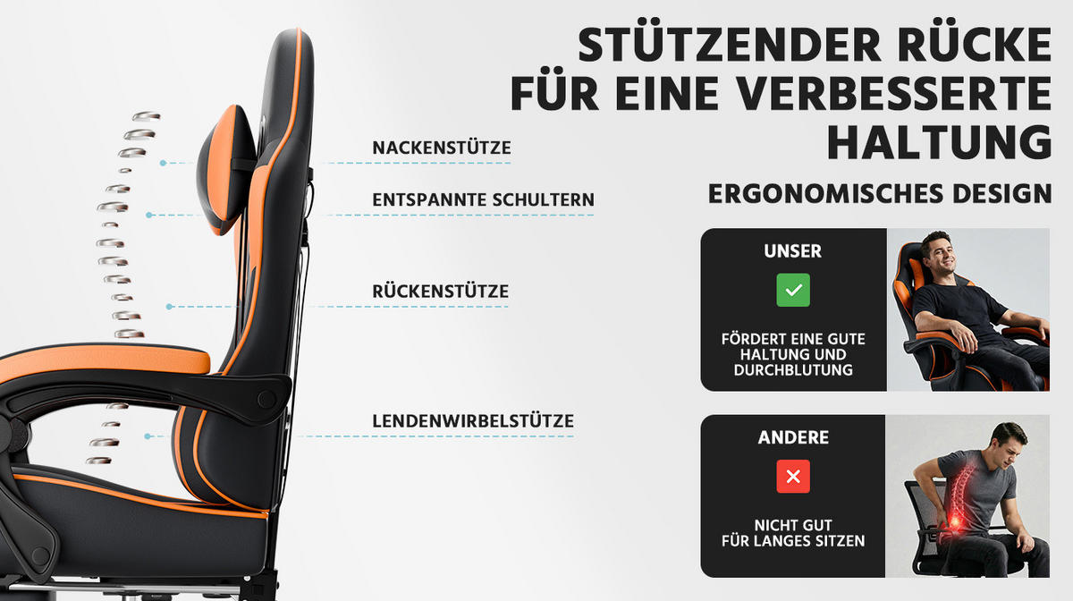 GAMING-STUHL ergonomisch verstellbar PVC Orange - Orange, Kunststoff (63/120.5/58.5cm) - Meubliv
