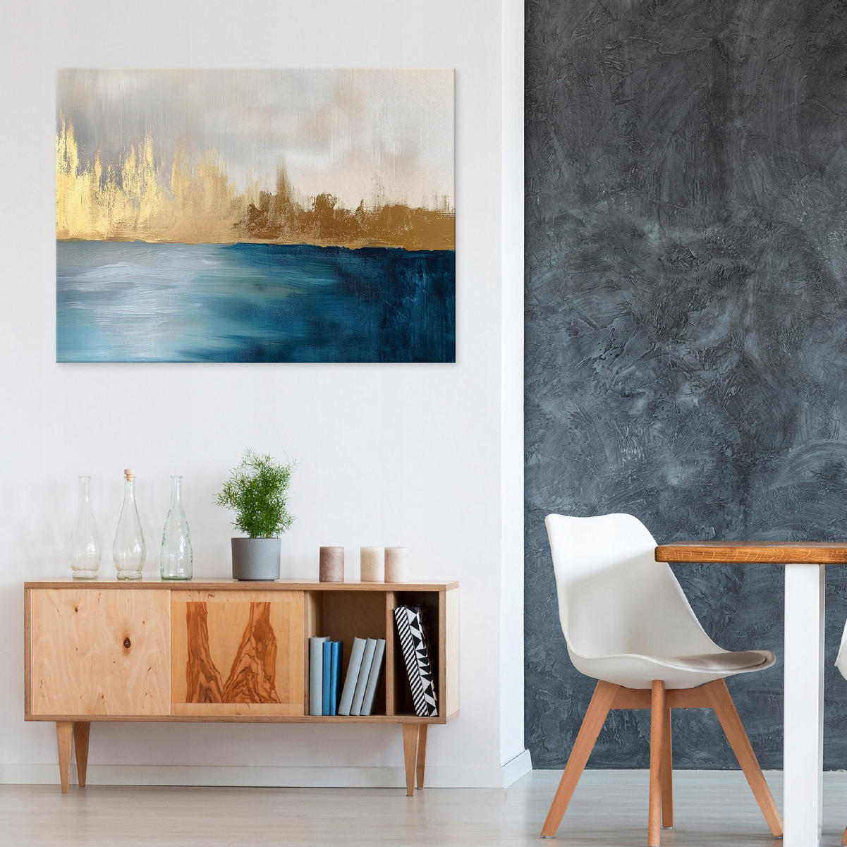 WANDDEKO Abstrakt Grau Gold Bilder Modern Wohnzimmer 60x40 - Grau, Holzwerkstoff (60/40cm) - Wallarena