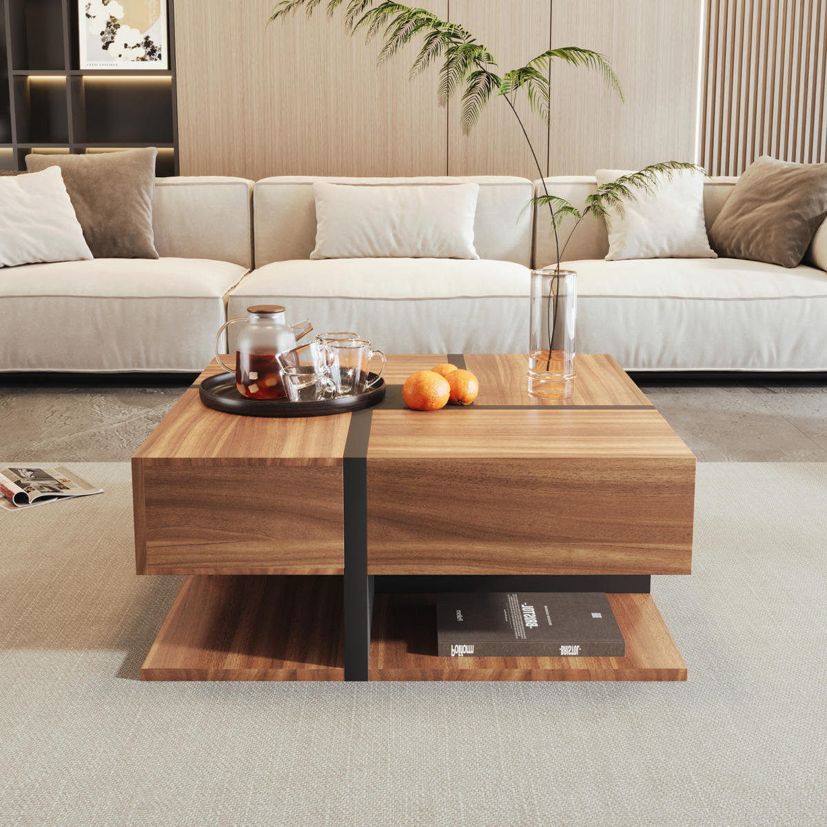 COUCHTISCH Schwarz Holzoptik mit 4 Schubladen und 2 Ablagen - Cognac, Metall (78/78/36cm)