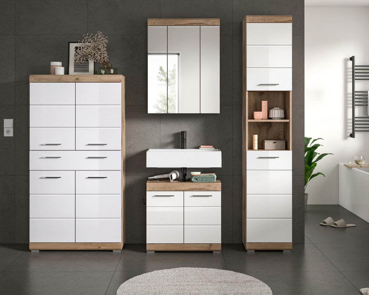 BADMÖBEL-SET weiß Hochglanz, Eiche 4-teilig 200 cm mit viel Stauraum - Weiß Hochglanz/Eichefarben, Glas/Holzwerkstoff (200/191/34cm) - Inn.Furn