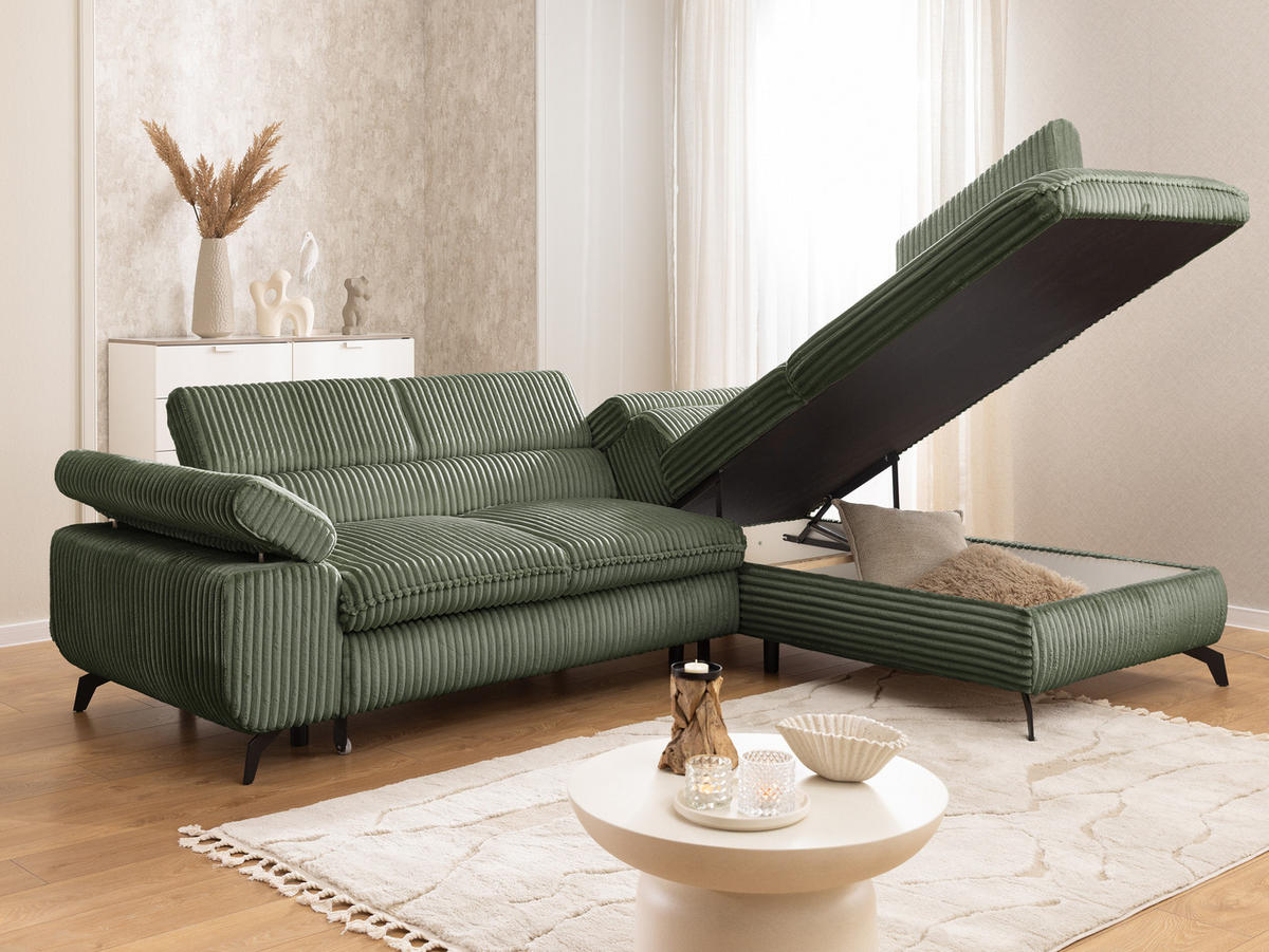ECKSOFA mit Schlaffunktion und Bettkasten Bonnie aus Olive Cord-Stoff mit verstellbaren Kopfstützen und Armlehne - Ottomane rechts - Schwarz/Hellgrün, Holz/Textil (275/210cm) - S-Style Möbel