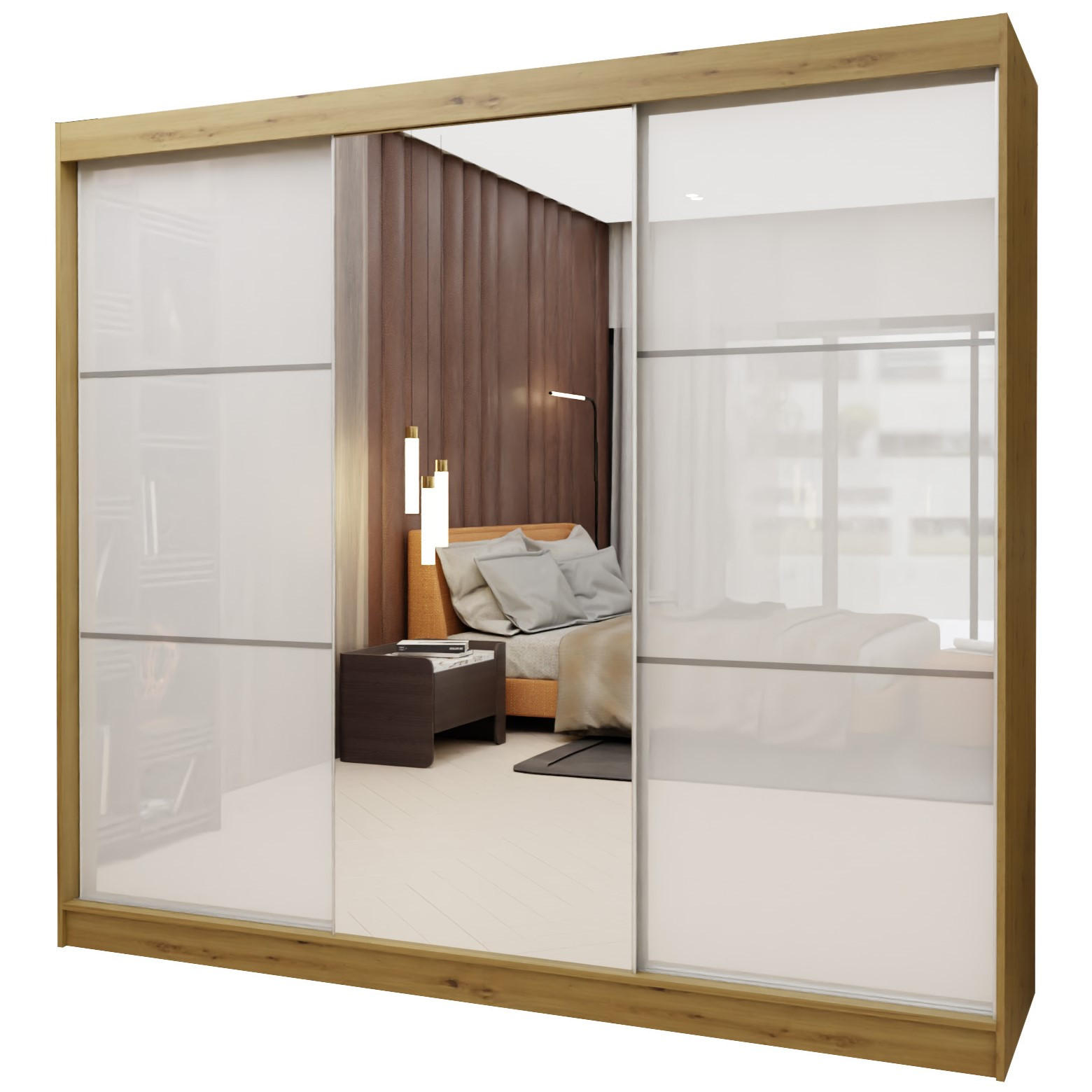 SCHWEBETÜRENSCHRANK VITALE 240/216/61 cm 3-türig mit Spiegel Eiche Artisan - Weiß/Eiche Artisan, Holzwerkstoff (240/216/61cm) - MASSENO