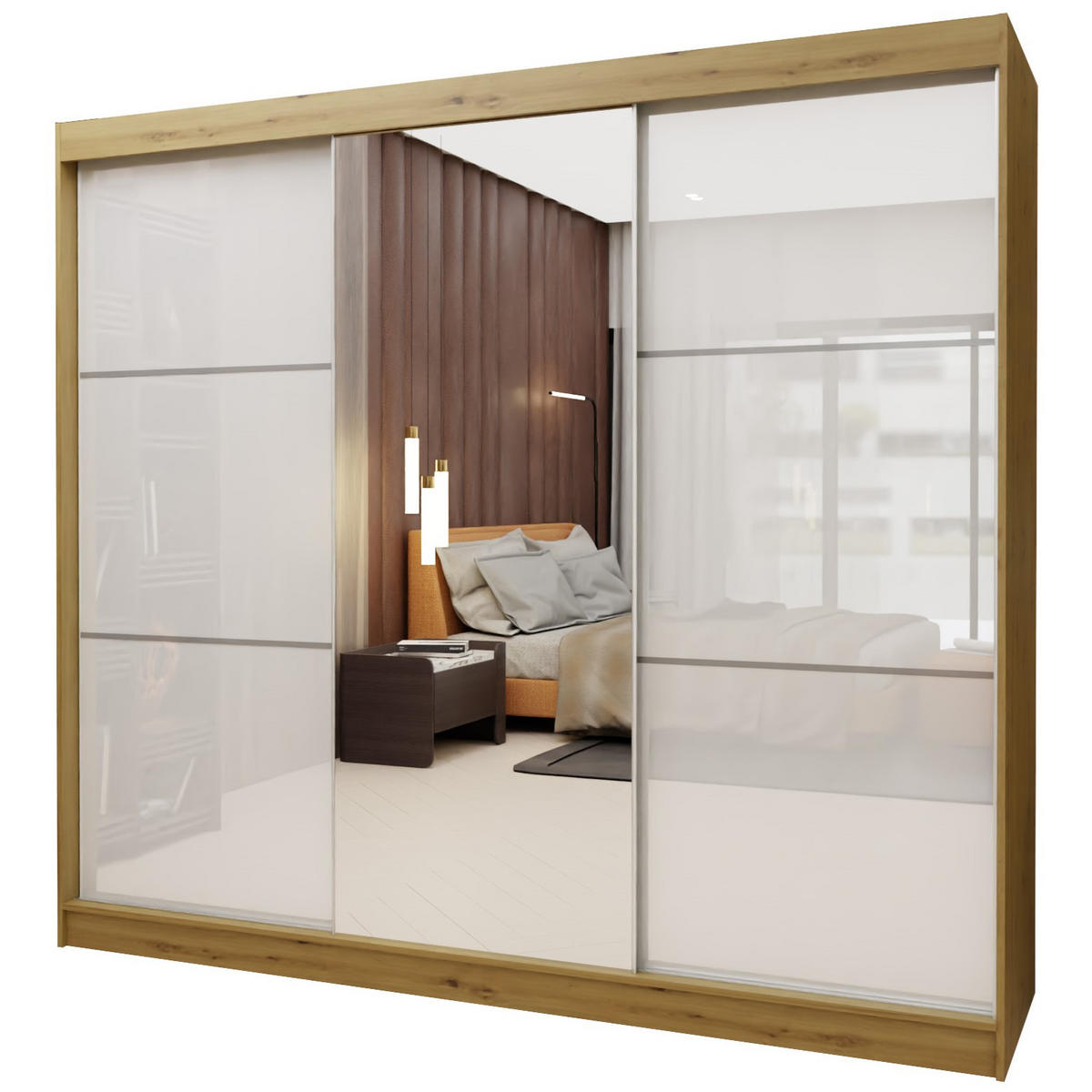 SCHWEBETÜRENSCHRANK VITALE 240/216/61 cm 3-türig mit Spiegel Eiche Artisan - Weiß/Eiche Artisan, Holzwerkstoff (240/216/61cm) - MASSENO