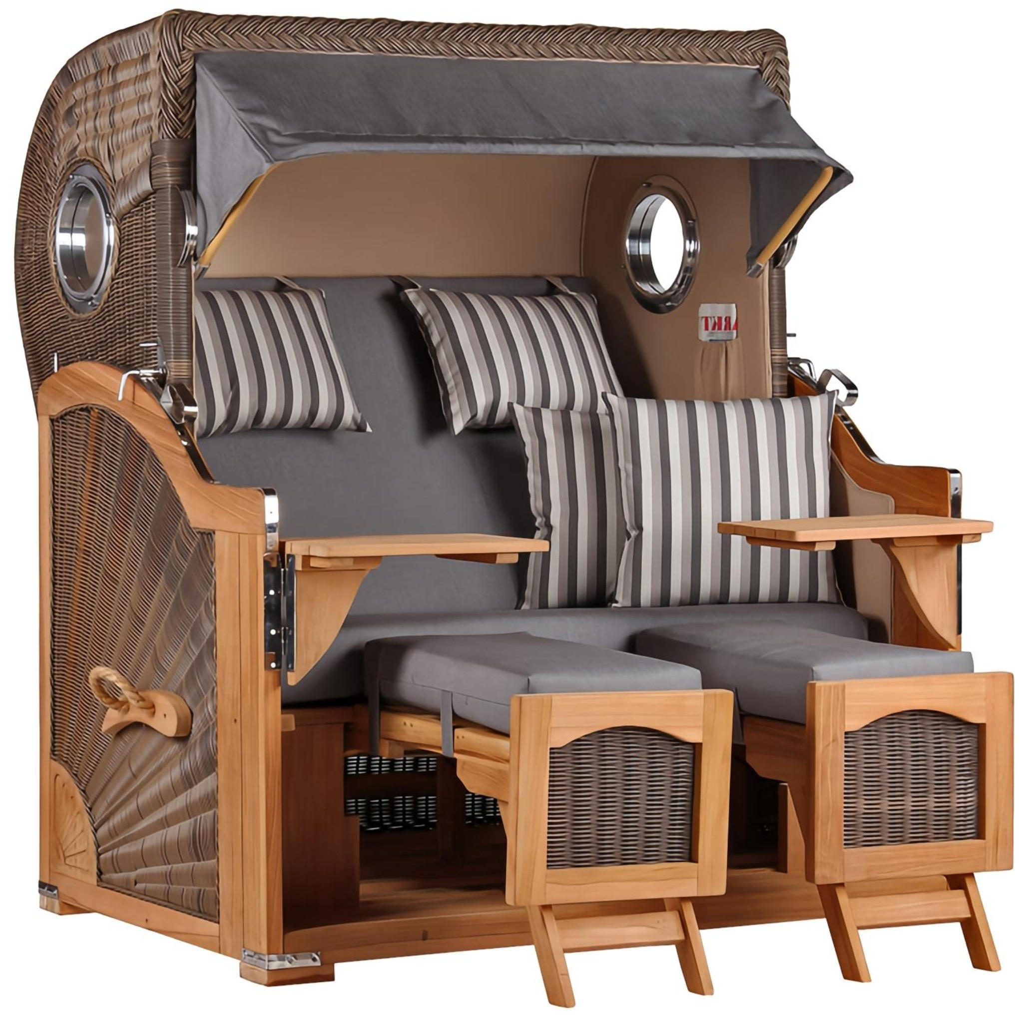 STRANDKORB Düne Grande Bullauge Teak PE Grey Dessin 544 - Braun/Grau, Metall (142/170/95cm) - Mr. Deko