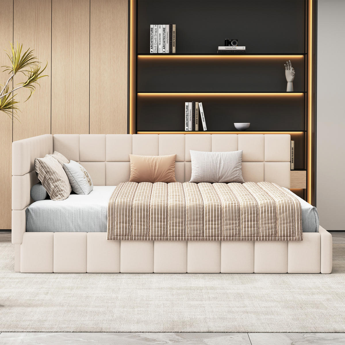 POLSTERBETT 160/200 cm beige aus Stoff mit umbaubarer Rückenlehne - Beige, Textil (160/200cm) - OKWISH