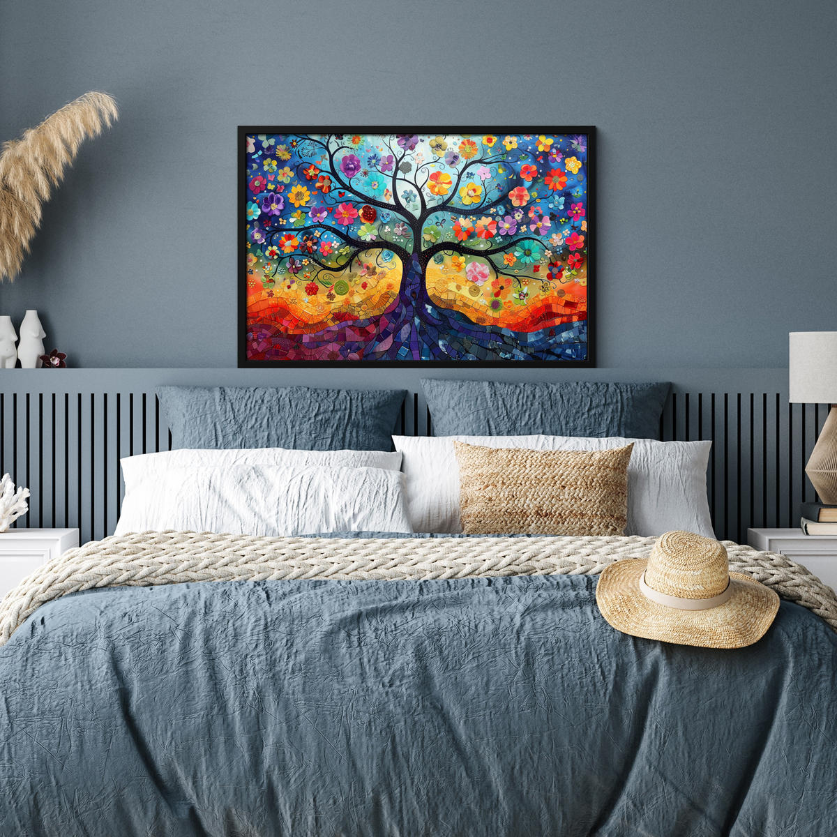 POSTER MIT RAHMEN Kunst - Baum des Lebens - Blumen - Hippie 90x60 cm - Dunkelblau, Papier (90/60cm) - MuchoWow