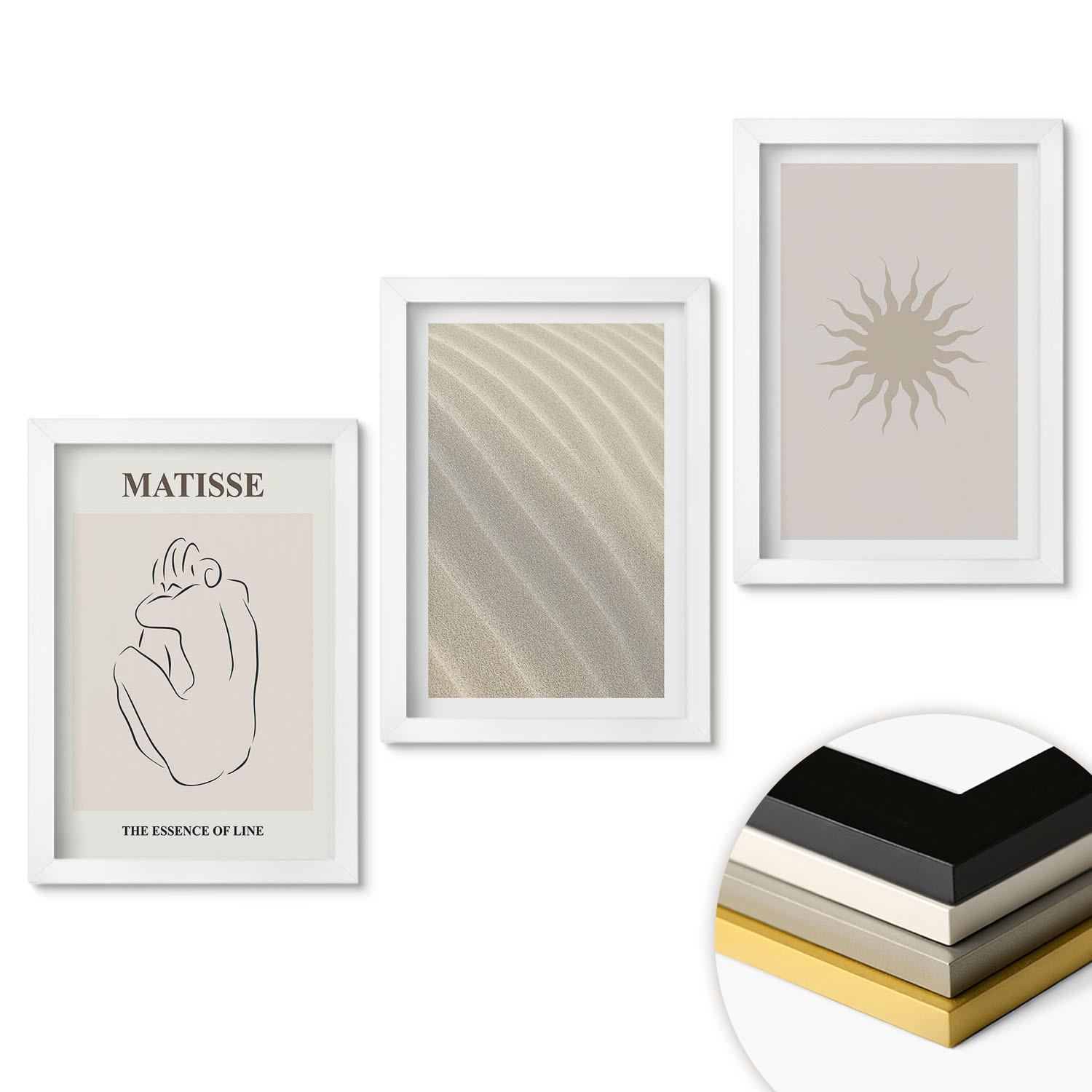 WANDBILDER 3er-Set - 20x30 cm Weißer Rahmen - Minimalistische Sandlinien Sonne - Weiß, Kunststoff (20/30cm) - ArtPrintCave