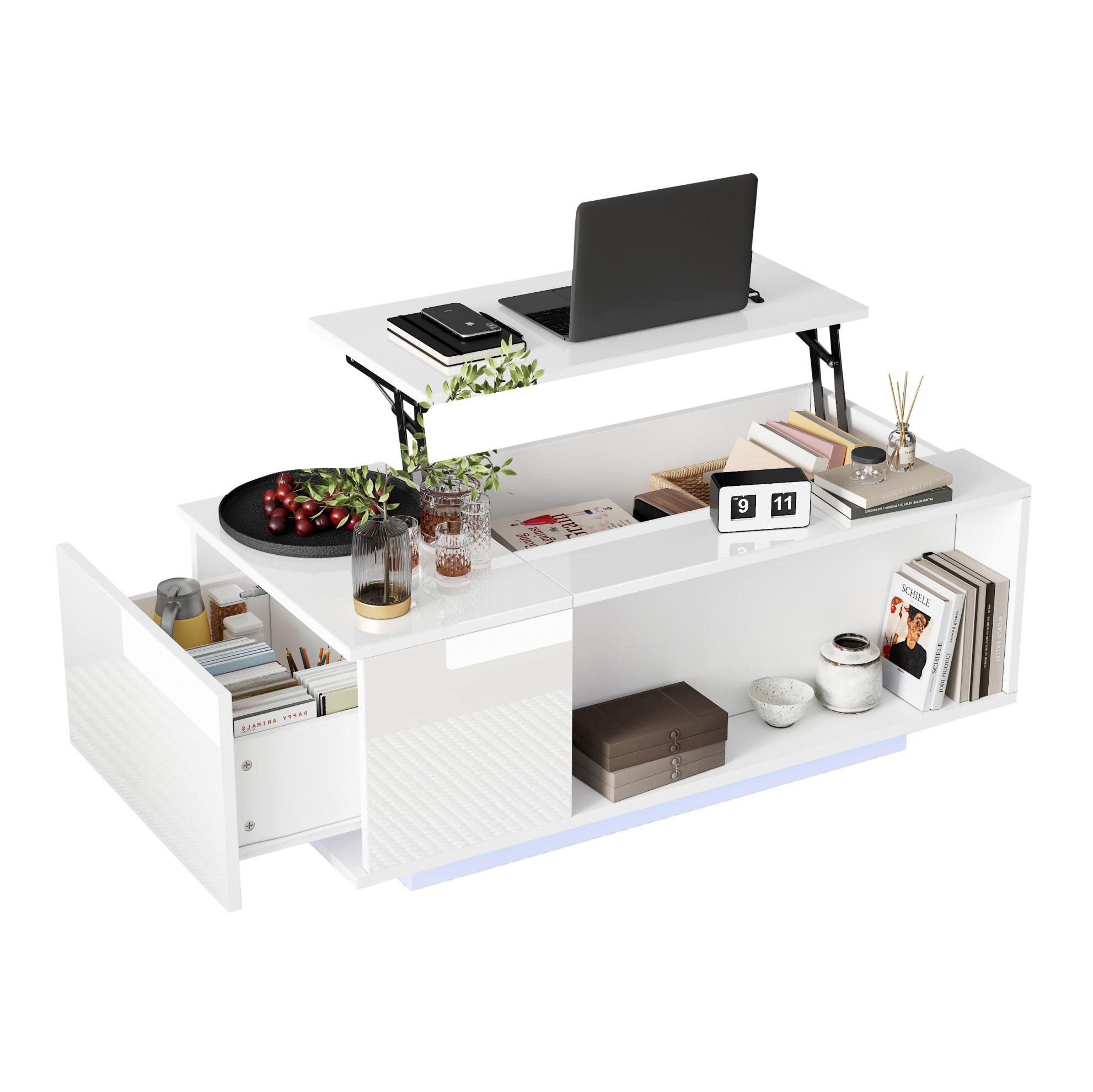COUCHTISCH 100/50/40 cm weiß aus Spanplatte mit Höhenverstellung und LED - Weiß, Holzwerkstoff (100/50/40cm) - OKMYHOME