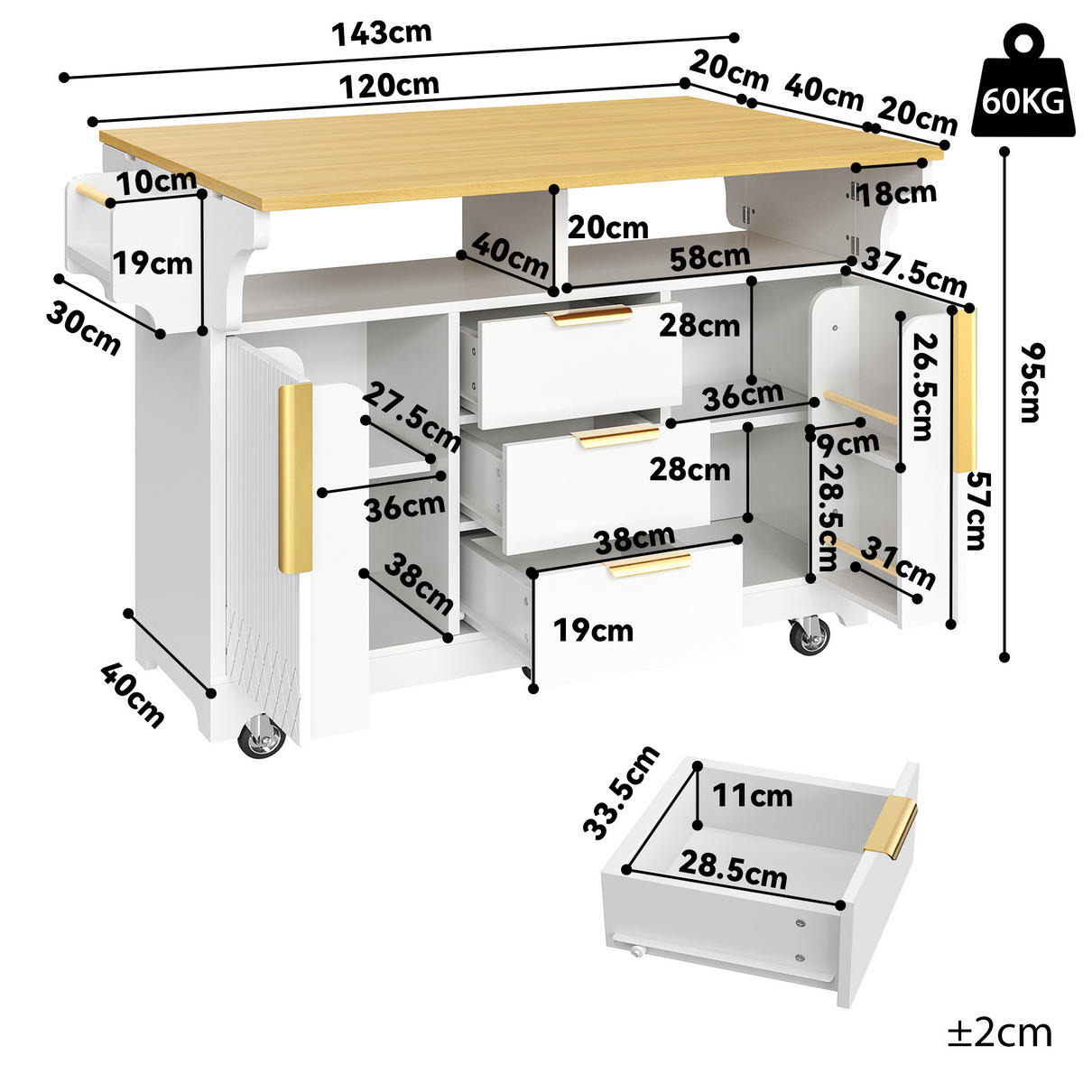 KÜCHENINSEL DE-38364 120/197 cm ausklappbar mit 3 Schubladen Weiß - Weiß, Holzwerkstoff (120/95/40cm) - ComfortXL