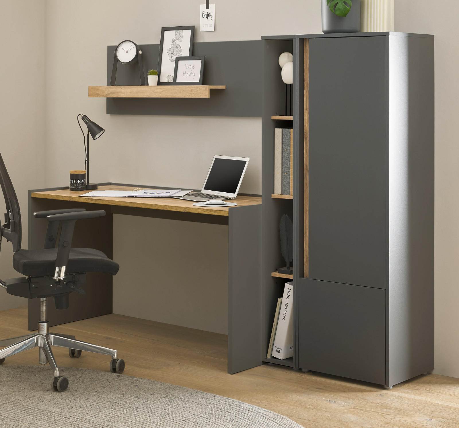 SCHREIBTISCHKOMBINATION 4-teilig grau matt, Eiche Wotan 213 cm, Büromöbel Set mit viel Stauraum - Eichefarben/Eiche Wotan, Holz/Holzwerkstoff (62/213/155cm) - Furn.Design