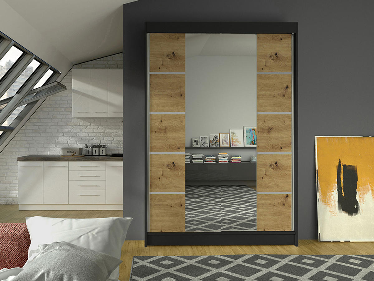 SCHWEBETÜRENSCHRANK Lino V - Schwarz/Eiche Artisan, Holzwerkstoff/Metall (120/200/58cm) - MIRJAN24