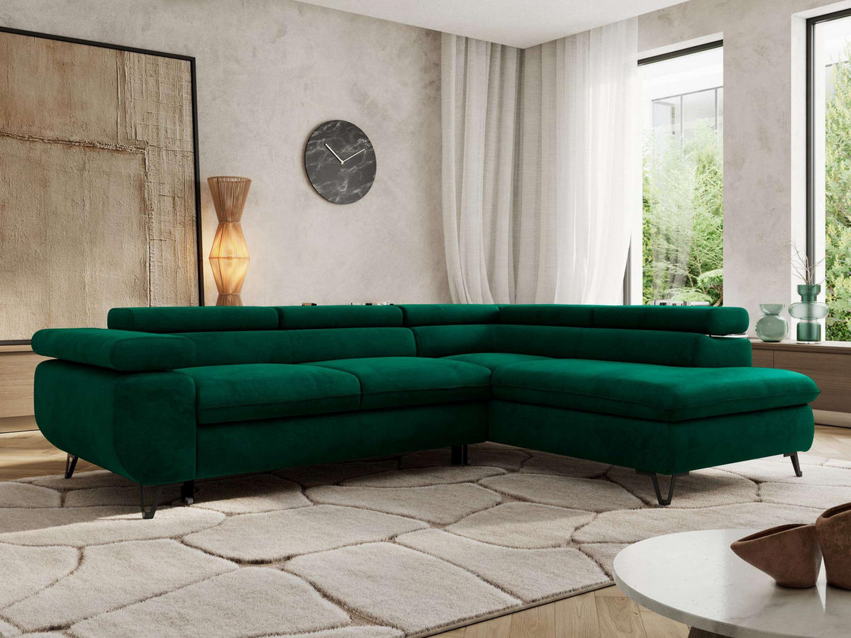 ECKSOFA PABLO L Dunkelgrün Velvet - Rechts Seite mit T25 Topper - Dunkelgrün/Schwarz, Textil/Metall (273/208cm) - MKS