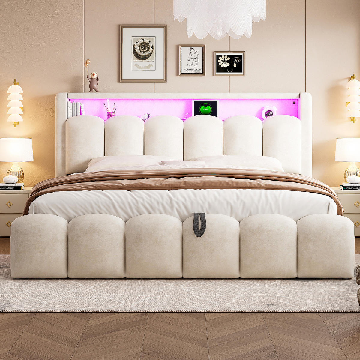 POLSTERBETT 180x200 Beige Samt LED Stauraum - Beige, Textil (180/200cm) - FLIEKS