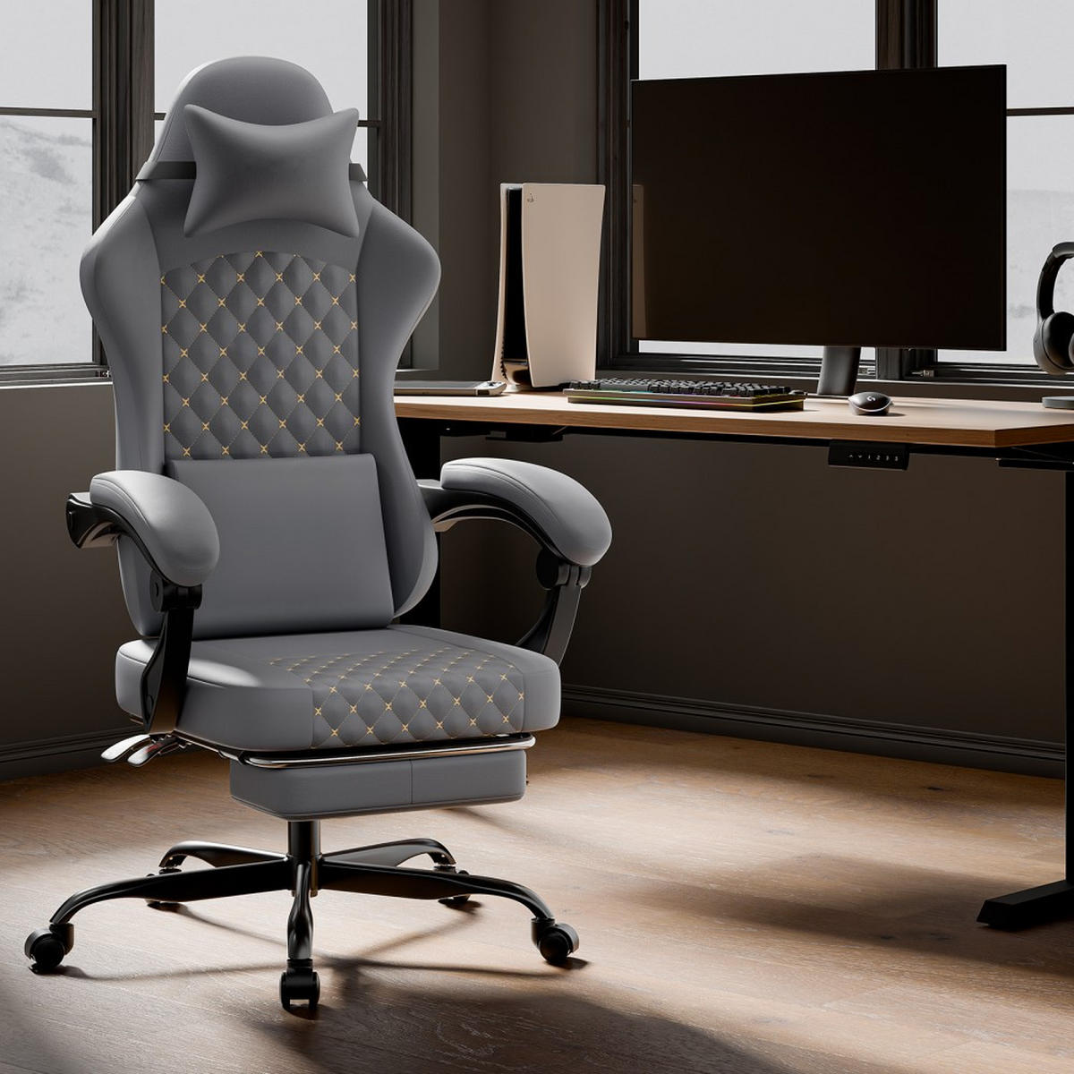 GAMING CHAIR Bürostuhl mit Massage Fußstütze ergonomisch Grau - Grau, Leder (63/120.5/58.5cm)