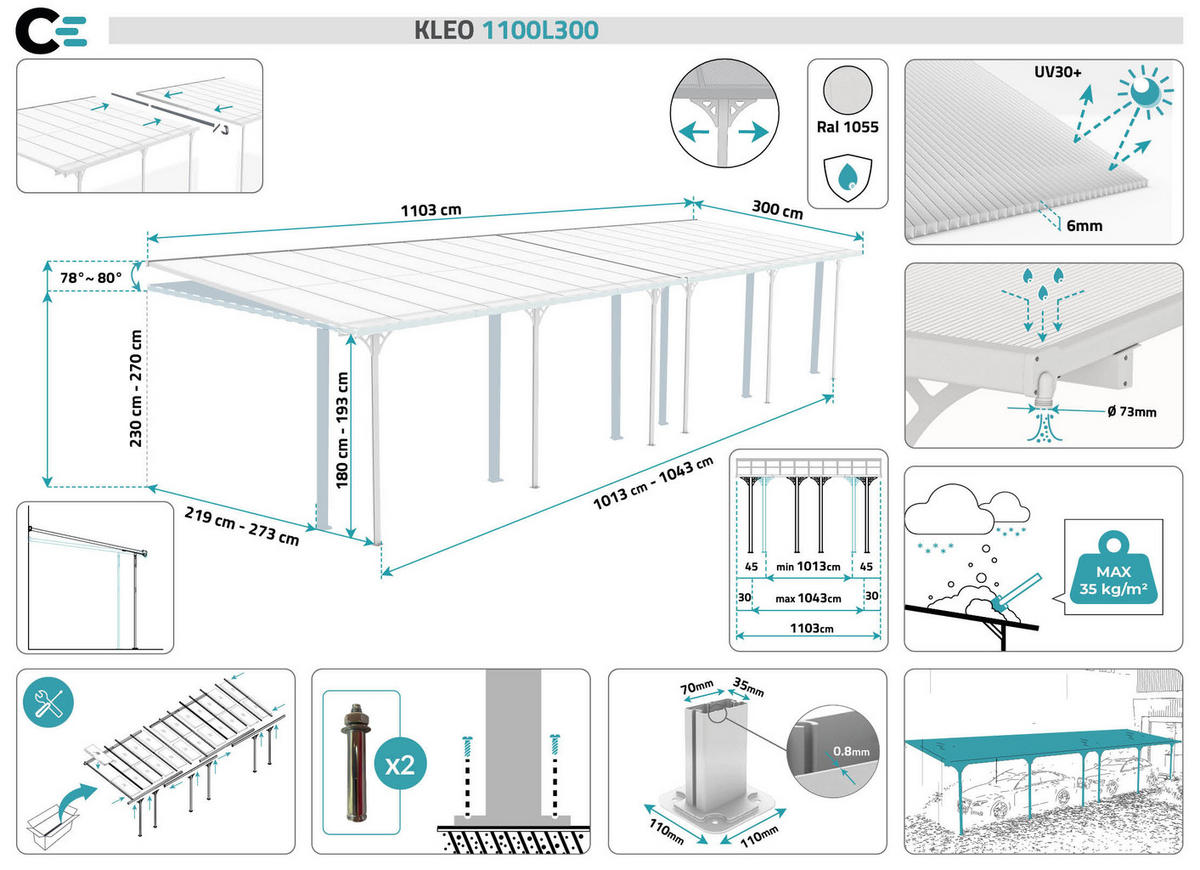 PERGOLA / CARPORT Kleo Weiß 11m x 3m - Weiß, Metall (1112/270/300cm) - Cazeboo