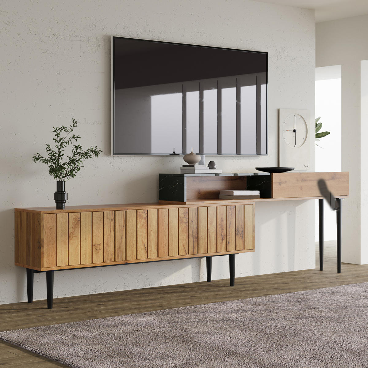 TV-STÄNDER mit Regalfächern MDF in Marmor- und Holzoptik - Braun, Holzwerkstoff (30/58/129cm) - Beauniv