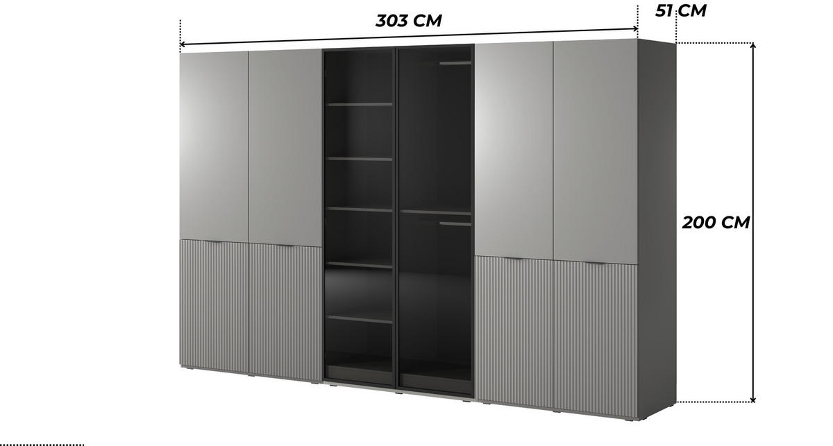 KLEIDERSCHRANK ZEN (Modular, Grau Matt, Grau & Getöntes Glas Antisol, 6-türig) - Schwarz/Grau, Holz/Holzwerkstoff (303/200/51cm) - Ravio