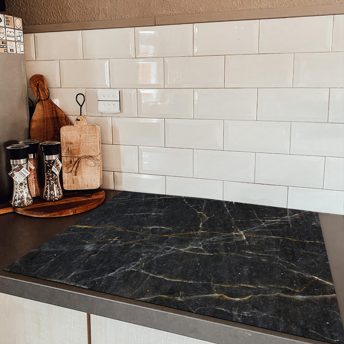 HERDABDECKPLATTE Marmor - Schwarz - Gold - Grau - Marmorstruktur 77x59 cm - Goldfarben, Kunststoff (77/59/0.2cm) - MuchoWow