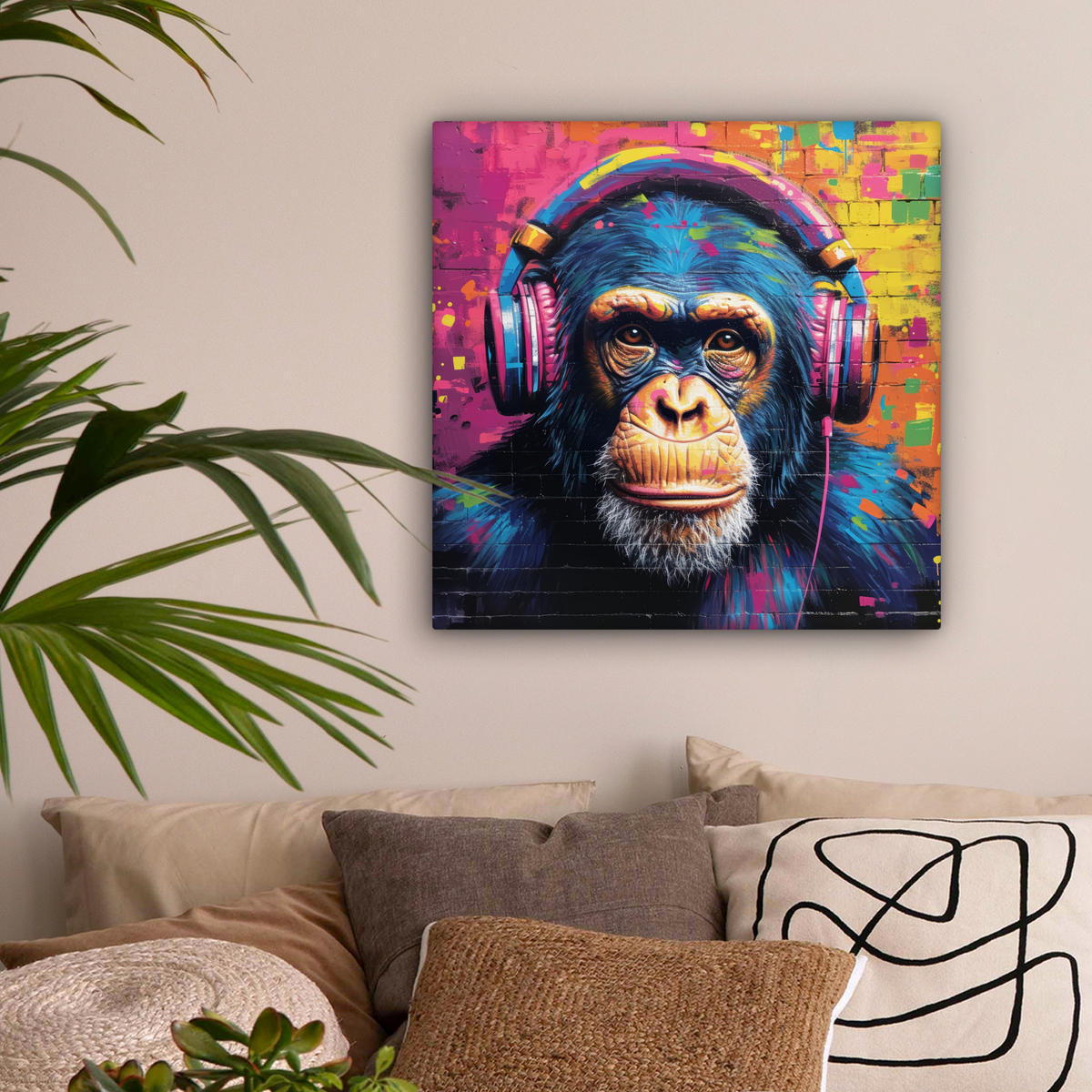 LEINWANDBILD Graffiti - Schimpanse - Straßenkunst - Kopfhörer - Affe Wandbild Wohnzimmer 50x50 cm - Blau, Textil (50/50cm) - MuchoWow