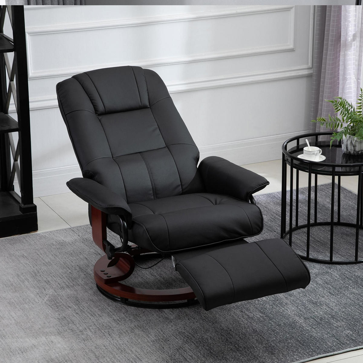 FERNSEHSESSEL Relaxsessel Liegesessel Kunstleder 360° Drehstuhl Holzfuß neigbar - Schwarz/Braun, Leder/Holz (87/100/78cm) - HOMCOM