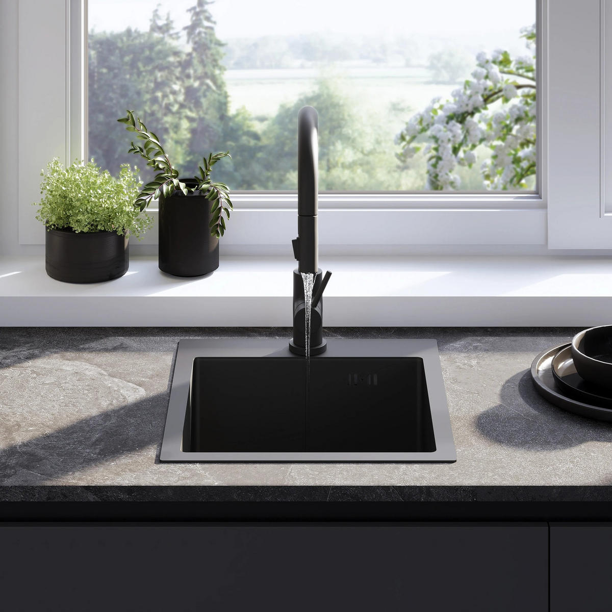 EDELSTAHLSPÜLE Rea Leo 40 Black mit Küchenarmatur - Schwarz, Metall (45/18.5/40cm) - REA
