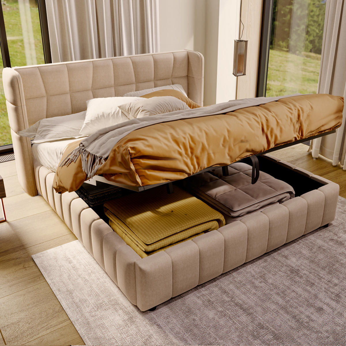 POLSTERBETT 180/200 cm Beige aus Leinen mit Stauraum und Lattenrost - Beige, Textil (180/200cm) - Flora Grace