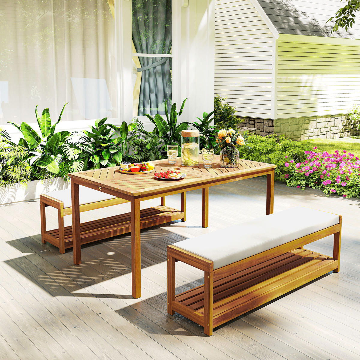 GARTENMÖBEL-SET 3-teilig DE-09824 mit Schirmloch und 2 Bänken Teak - Teakfarben, Holz - ComfortXL