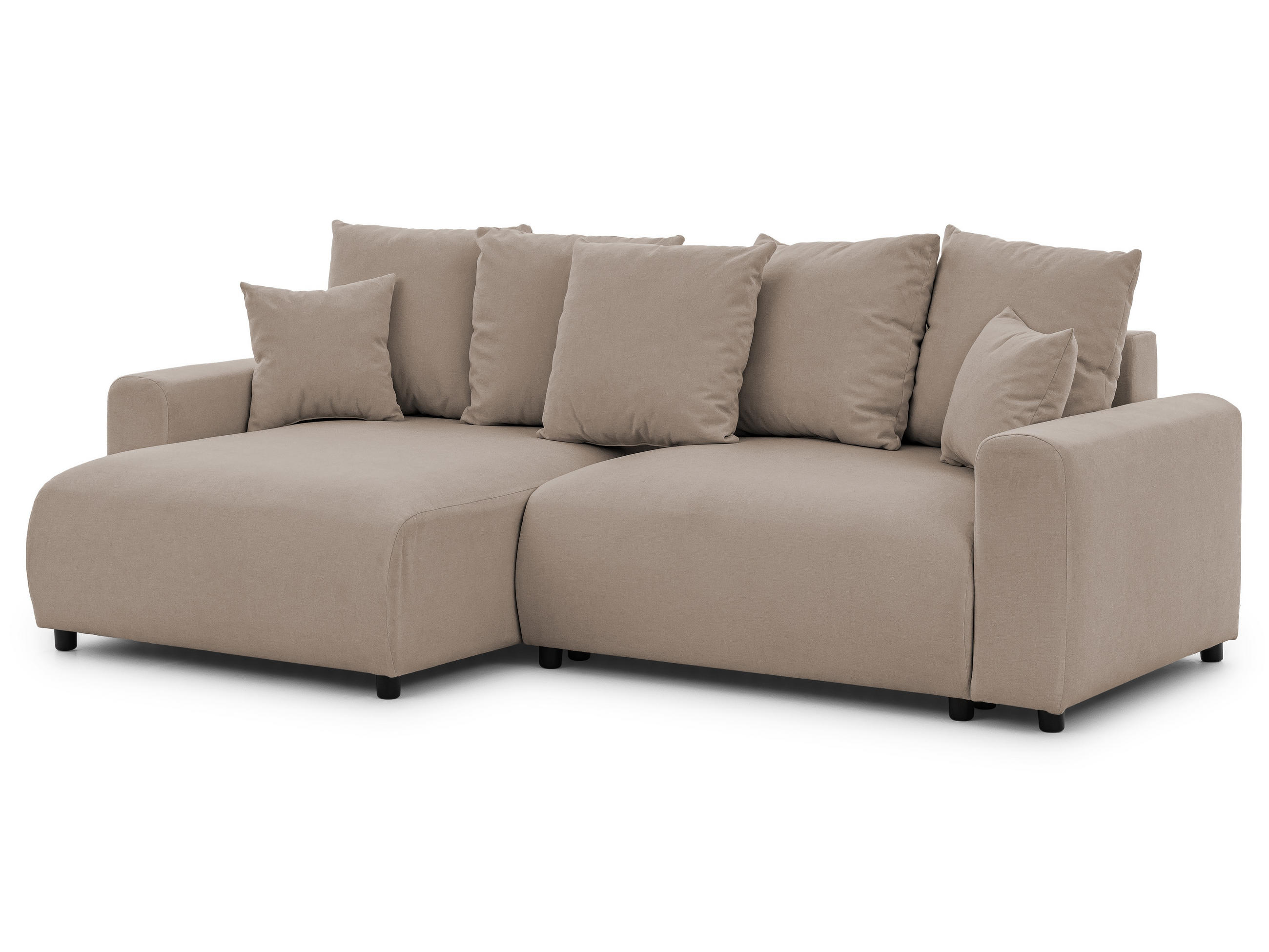 ECKSOFA Calma mit Schlaffunktion und Bettkasten im Bumpy-Design aus weichem Greige Webstoff - Ottomane links - Greige/Schwarz, Holz/Kunststoff (239/140cm) - S-Style