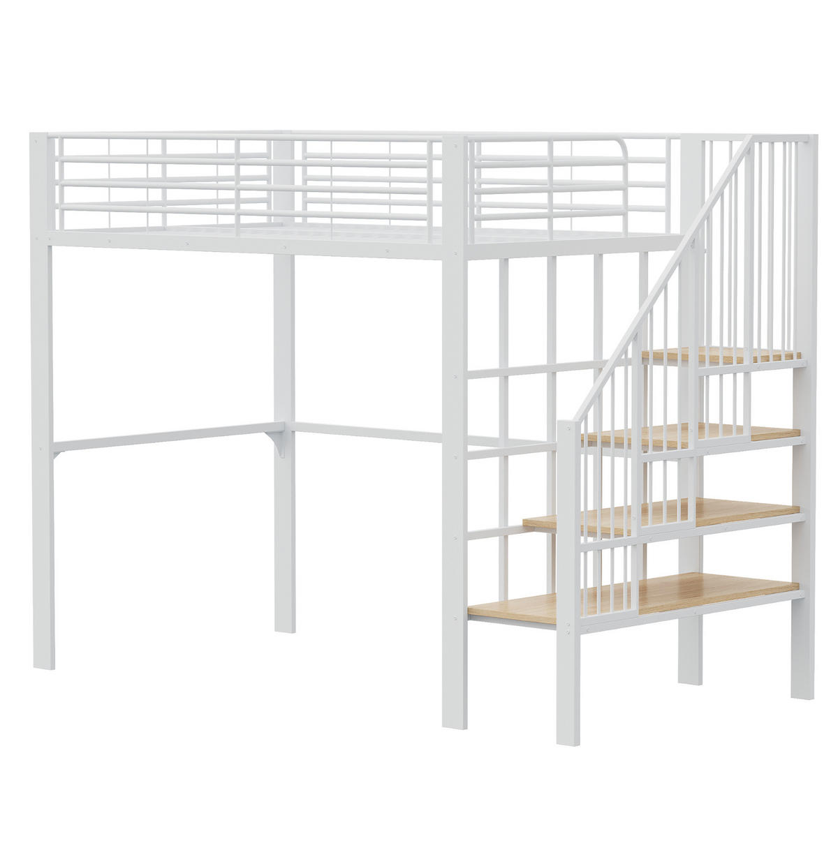 HOCHBETT aus Metall und Holz 140x200 cm Weiß mit Treppe und Stauraum - Weiß, Metall (140/200cm) - Modfu