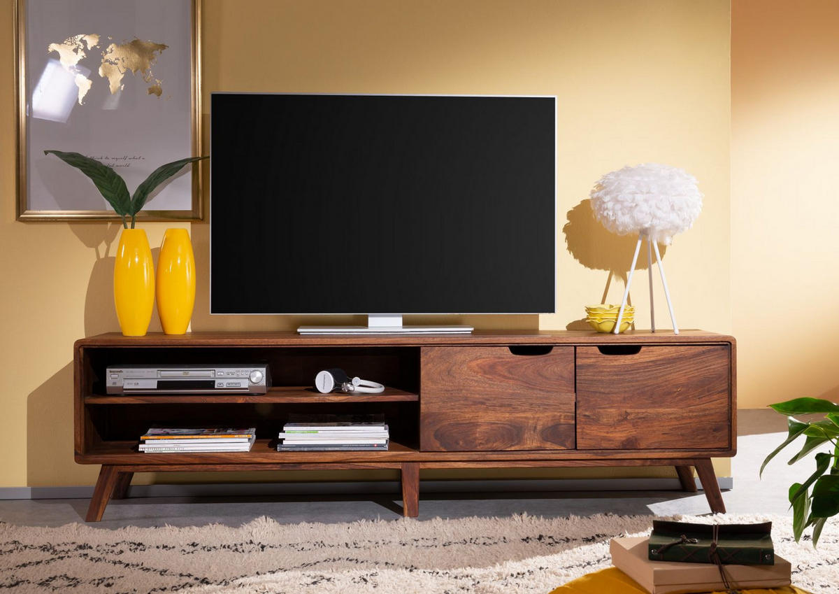 TV-BOARD Sheesham 180x40x48 walnuss gewachst MALMÖ 2 #122 - Dunkelbraun, Holz (180/48/40cm) - Massivmoebel24
