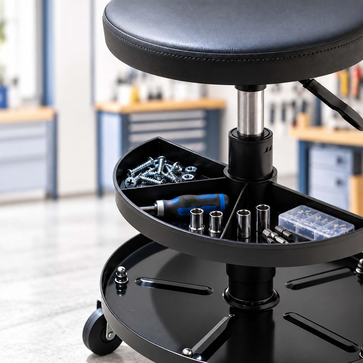 TABURET Čierny dielenský výškovo nastaviteľný s úložnými priehradkami 42 cm - čierna, kov/plast (38/42/38cm) - Relaxdays