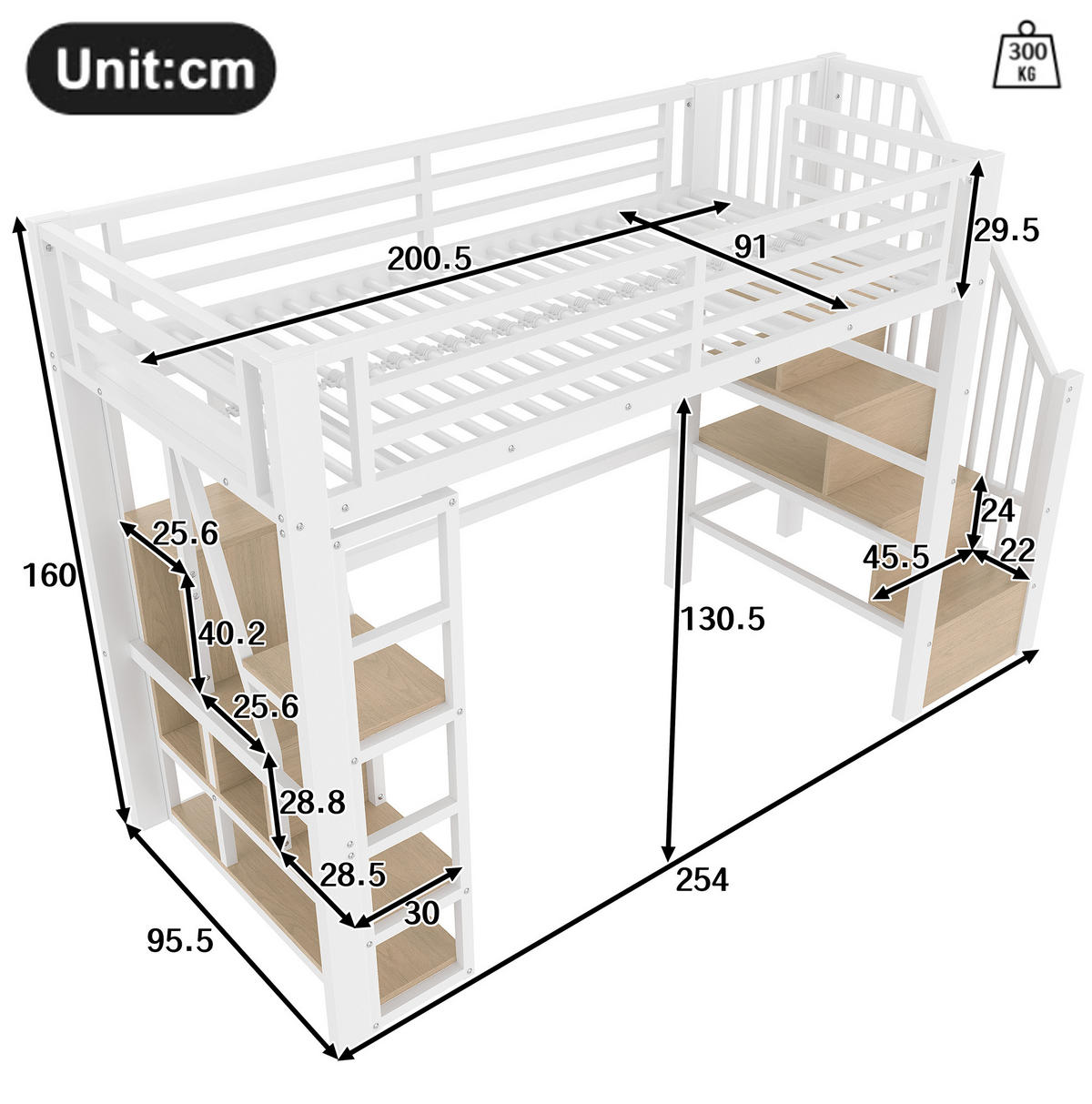 HOCHBETT aus Metall und MDF 90x200 cm in Weiß mit LED & Stauraum - Weiß, Metall (90/200cm) - Modfu