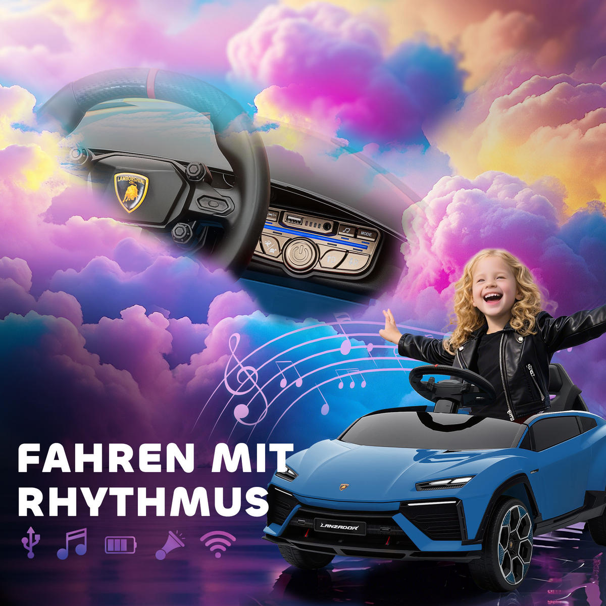 KINDER-ELEKTROAUTO 12V Kinderauto mit 2,4 GHz Fernbedienung, 2 Motor LED, Musik - Blau, Kunststoff (101.5/49/43cm) - AIYAPLAY